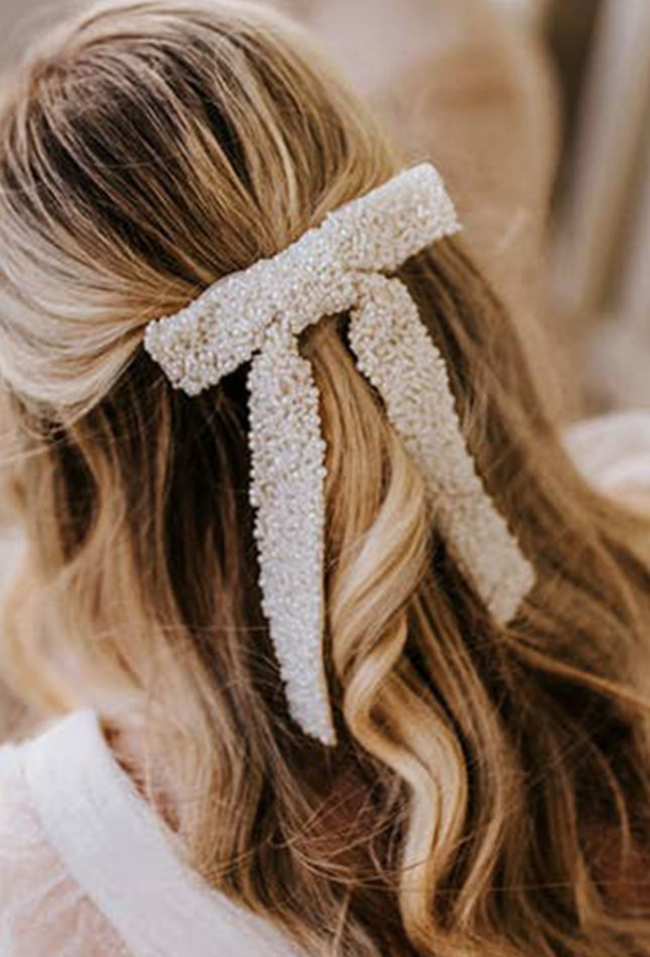 White Beaded Bow Hair Clip
