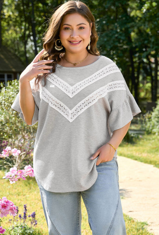 Gray Lace Waffle Top - Curvy