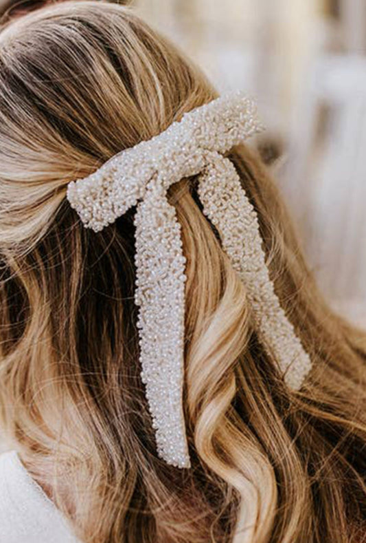 White Beaded Bow Hair Clip
