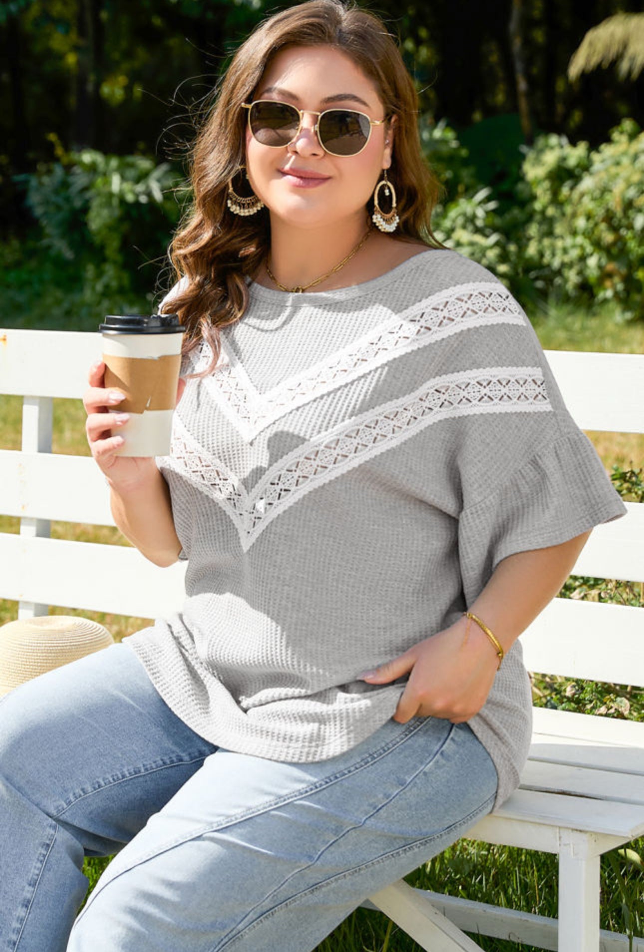 Gray Lace Waffle Top - Curvy