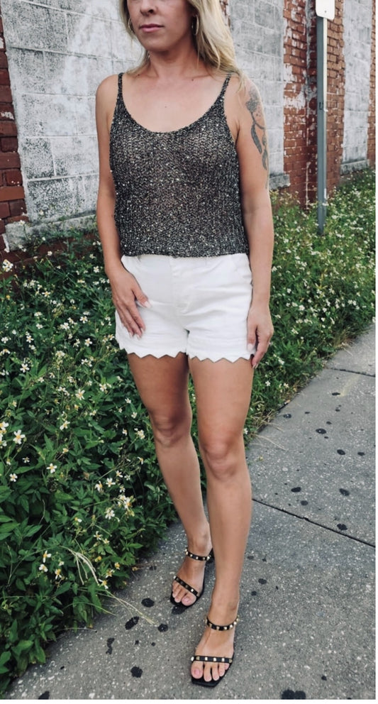 White Scalloped Denim Shorts