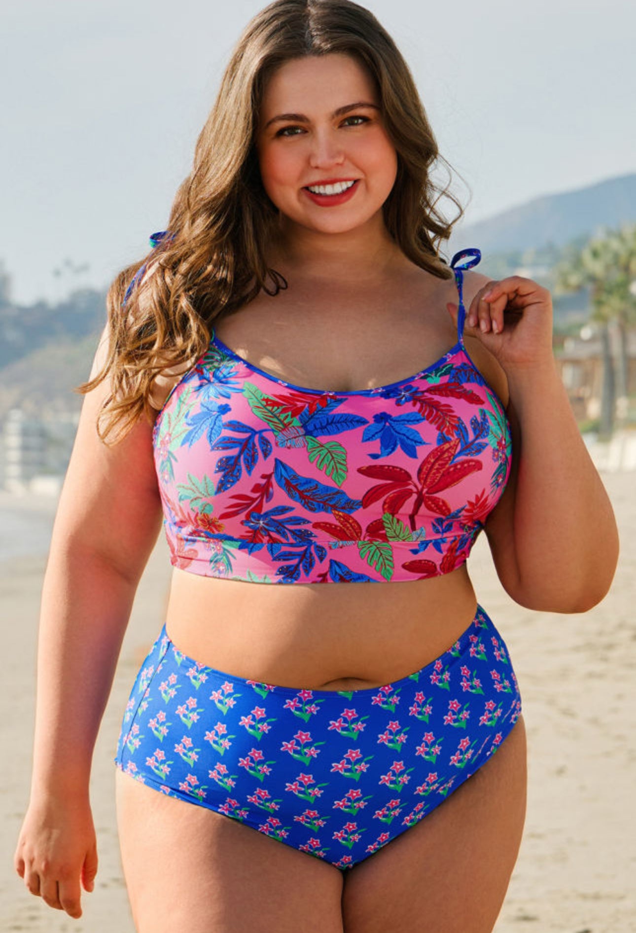 Blue Floral High Waist Bikini - Curvy