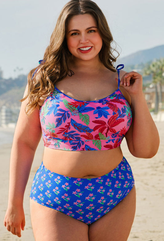 Blue Floral High Waist Bikini - Curvy